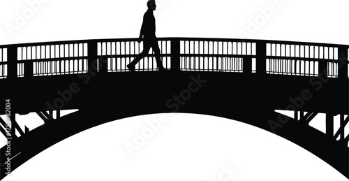 Man Walking Across Arch Bridge Silhouette Black and White Vector Graphic