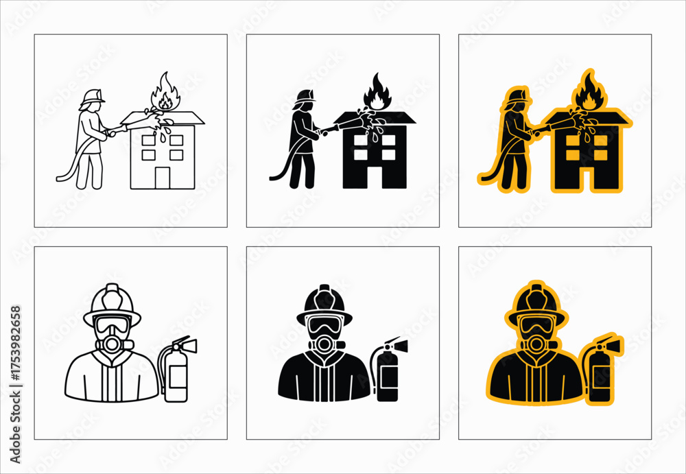Obraz premium Firefighter Illustration Set Rescuing Burning Building With Water Hose And Fire Extinguisher