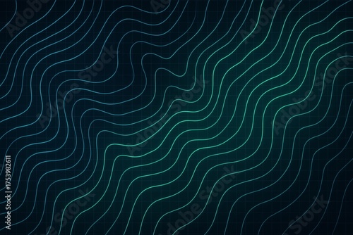 Abstract Blue and Teal Topographic Contour Lines on a Dark Grid Background, Technology and Data Concept, Geometric Wavy Pattern, Digital Map or Network Design, Modern Wallpaper Backdrop
