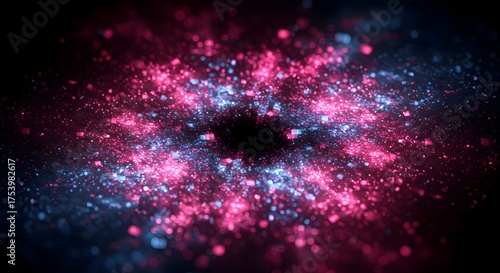 Abstract artwork of a central dark void surrounded by glowing pink and blue particles