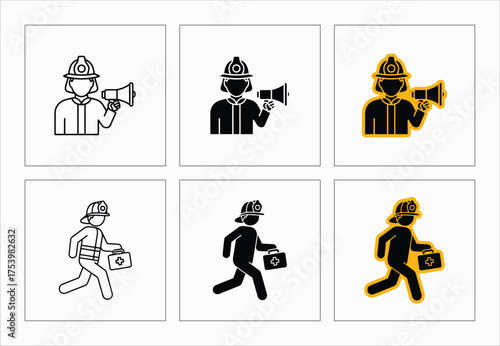 Firefighter Icons Vector Set Fire Rescue Emergency Service Worker Safety And Protection Gear
