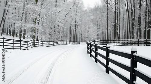 Serene winter landscape with snow-covered road, dark wooden fences, and frosty trees in a tranquil forest setting.