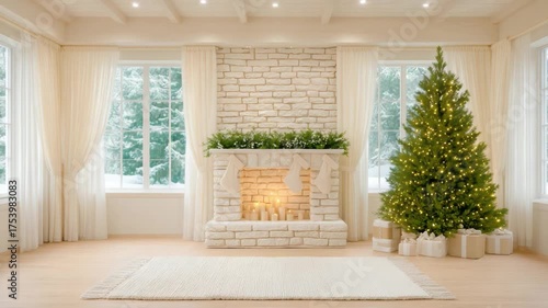 Cozy interior design with festive Christmas tree and rustic fireplace in bright room with soft natural light and holiday spirit