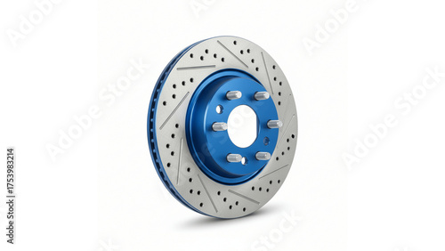 New blue and silver car brake disc with perforations, isolated transparent background.