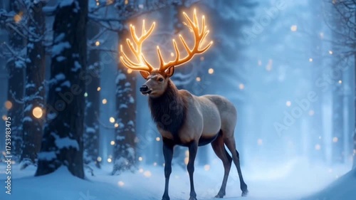 Magical elk with glowing antlers in snowy forest, winter wildlife concept. Seamless looping time-lapse animation video background