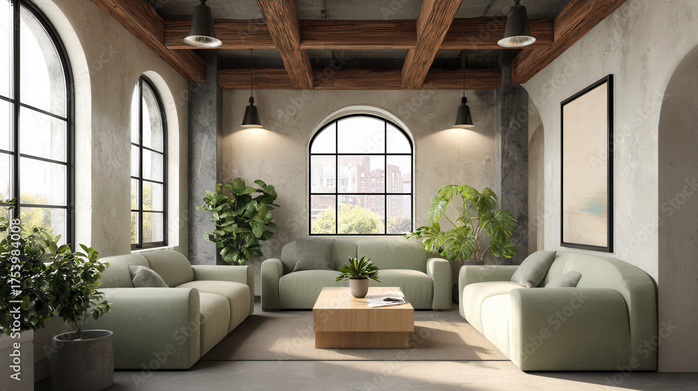 Fototapeta premium Modern living room with comfortable sofas and large windows in a stylish urban space