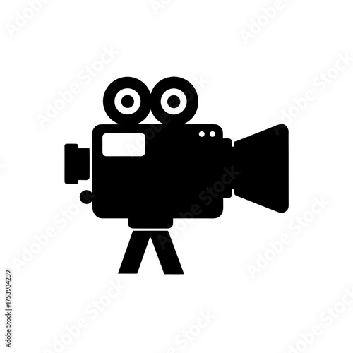 Illustration of a vintage movie camera icon on transparent background silhouette