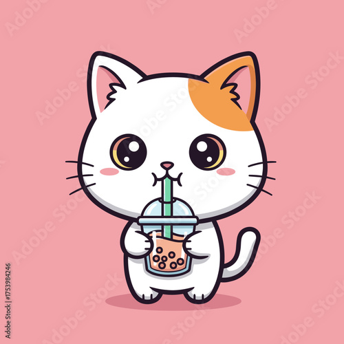 Cute kitten happily drinking bubble tea through a straw.