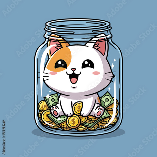 Happy cat sitting inside a glass jar filled with money, symbolizing savings.