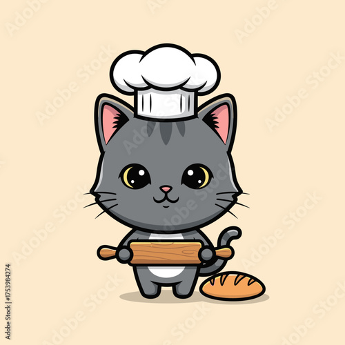 Cute grey cat chef holding a rolling pin with fresh bread.