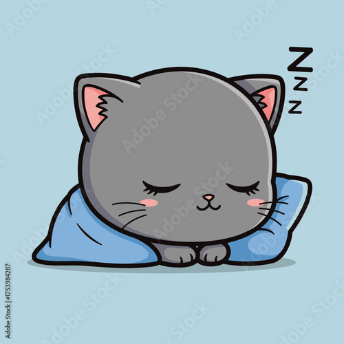 Cute grey cat peacefully sleeping under a cozy blue blanket.