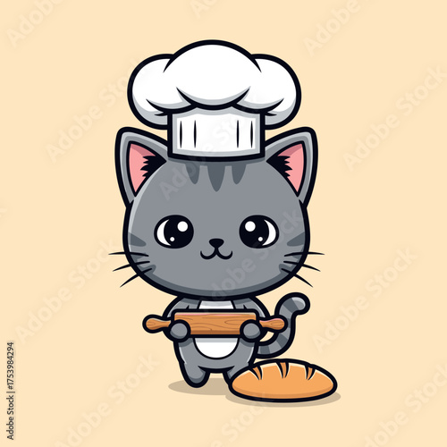 Adorable grey kitten chef preparing bread with a rolling pin.