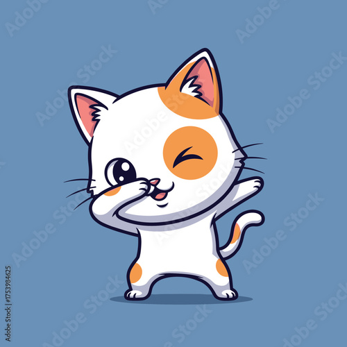 Playful white and orange spotted cat doing the dab dance pose with a wink, celebrating fun and trend, cartoon vector.