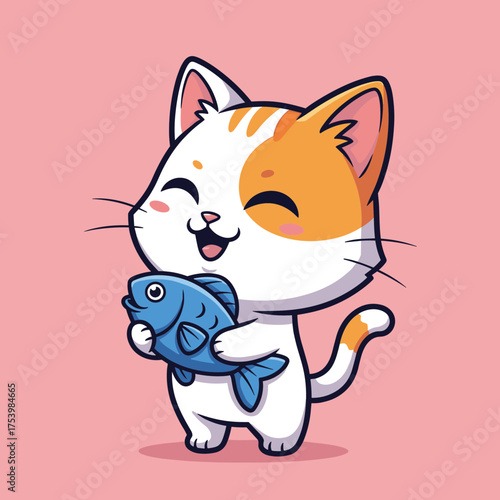 Adorable white and orange spotted cat winking and happily holding a blue fish, vector cartoon illustration.