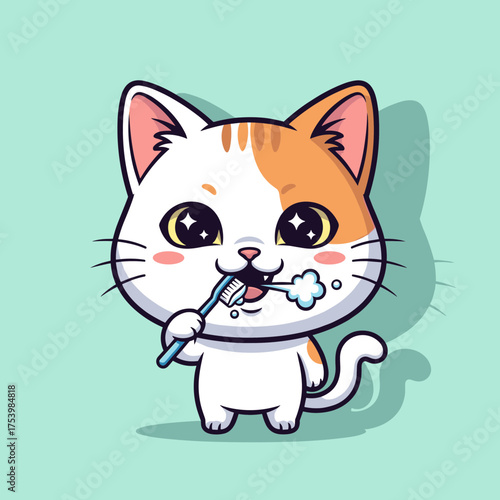 Adorable Kitten Brushing Its Teeth with Toothbrush, Oral Hygiene Vector Art.