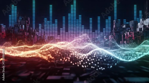 Abstract Digital Sound Waves With Equalizer Bars In Blue Purple Hues