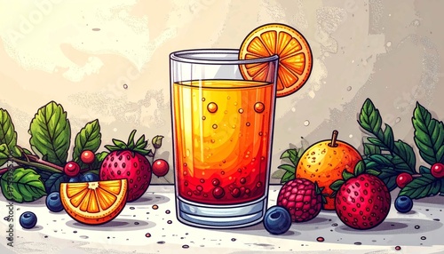 Illustration of a Vibrant Tropical Summer Juice with Fruits, Orange Slice Garnish, Strawberry, Blueberry, and Raspberry, Fresh Beverage and Healthy Eating Concept Art
