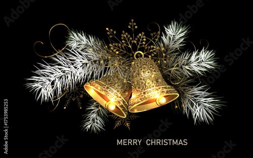 Merry Christmas. Isolated composition of a golden bell and fir tree branches.