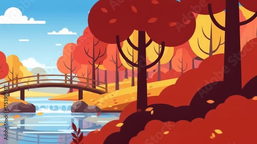 Stylized illustration of an autumn landscape, featuring colorful trees, a pond, bridge, and gentle hills under a clear blue sky