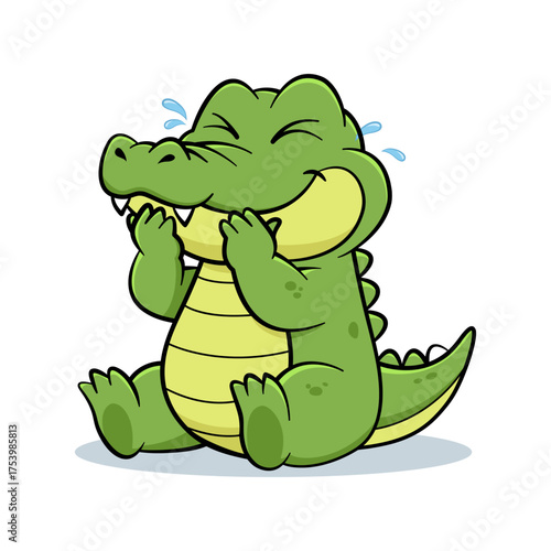 Crocodile holding back laughter while covering his mouth. Cute crocodile stickers
