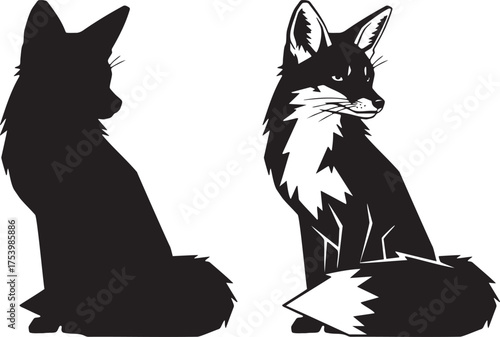Sitting Fox Silhouette and Outline Vector Wild Animal