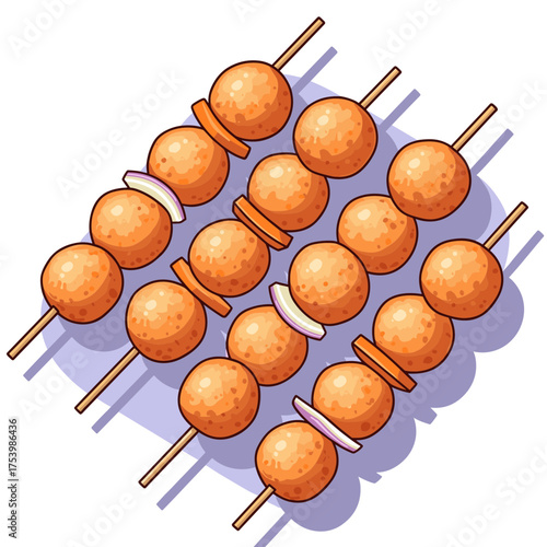 Delicious Meatball Skewers with Vegetables on Sticks, Ready to Eat Appetizer Illustration