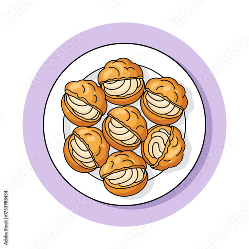 Plate of Delicious Cream Puffs, Choux Pastry Filled with Sweet Cream, Dessert Illustration