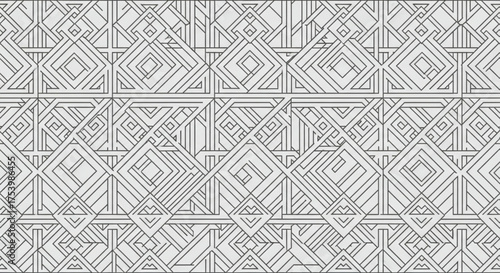Geometric art deco pattern that features a complex arrangement of lines and shapes, creating a visually appealing design