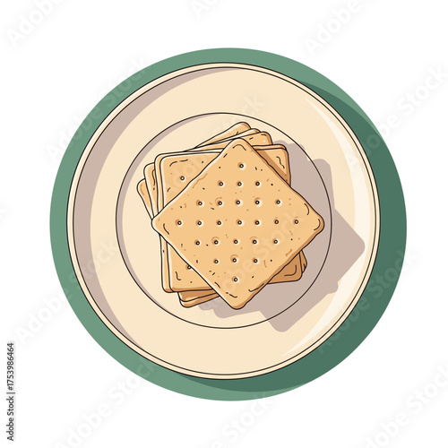 Stack of Plain Square Crackers on a Plate, Crispy Snack Food Illustration