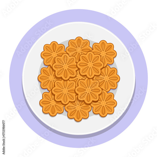 Plate of Delicious Flower Shaped Cookies, Sweet Baked Treats Illustration