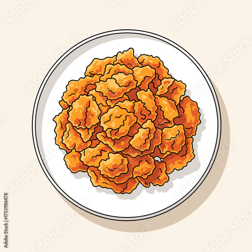Golden Crispy Fried Chicken Pieces on a Plate, Delicious Meal or Snack Illustration