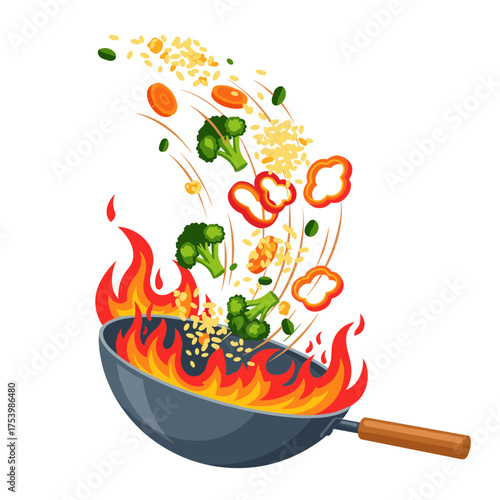 Dynamic Wok Frying Illustration with Vegetables and Rice on Fire, Asian Cooking Concept