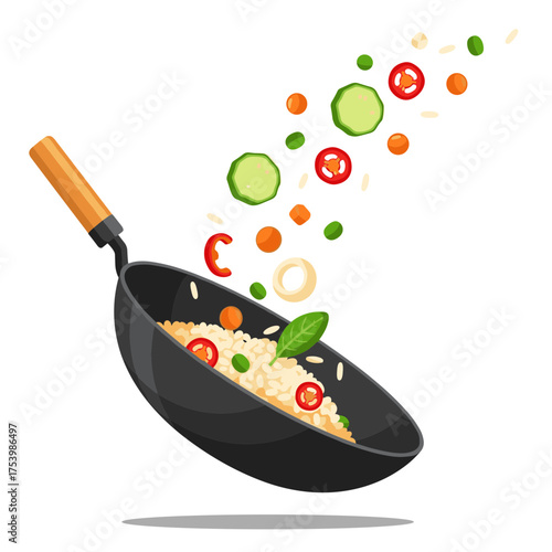 Fresh Ingredients Falling into a Wok, Preparing a Delicious Stir-Fry Meal Illustration