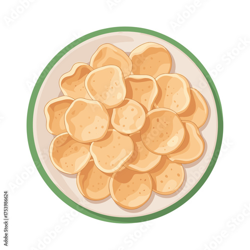 Pile of Crispy Indonesian Kerupuk Crackers on a Plate, Traditional Savory Snack Illustration.