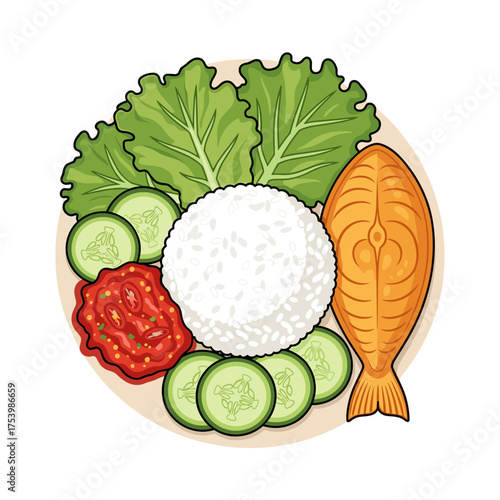 Delicious Fried Fish Steak with White Rice, Fresh Lettuce, Sliced Cucumber, and Spicy Sambal Sauce.