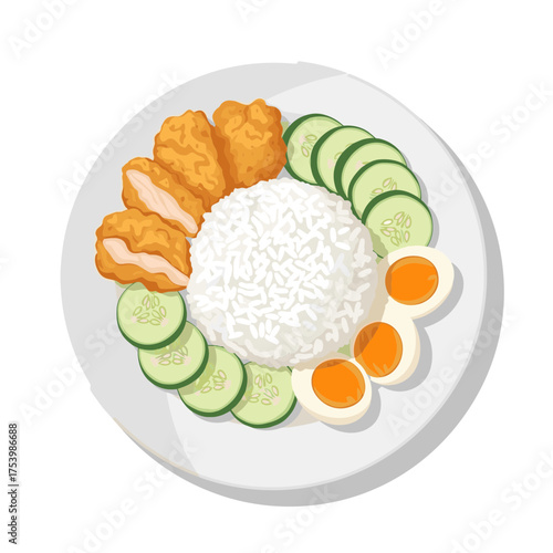 Festive Plate with White Rice, Crispy Fried Chicken Nuggets, Fresh Cucumber Slices, and Hard-Boiled Eggs.