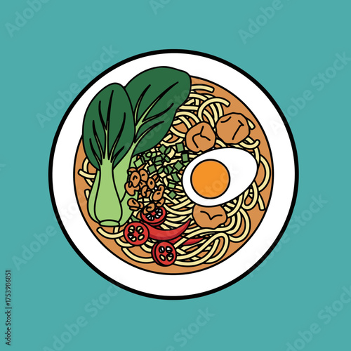 Vibrant Asian Noodle Bowl with Meatballs, Half-Boiled Egg, Bok Choy, Chili, and Scallions on a Teal Blue Background - Top View Food Vector