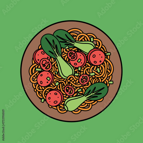 Delicious Asian Noodle Dish with Sliced Sausages, Fresh Bok Choy, Cherry Tomatoes, and Green Onions in a Bowl on Green Background - Food Vector