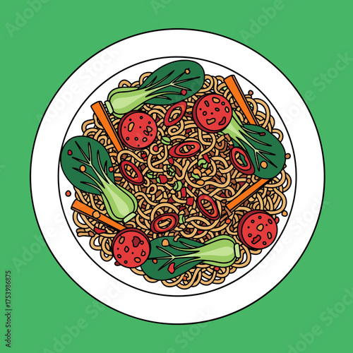 Flavorful Asian Noodle Stir-Fry with Sliced Sausages, Vibrant Bok Choy, Chili Slices, and Carrot Sticks on a Plate with Green Background - Culinary Vector