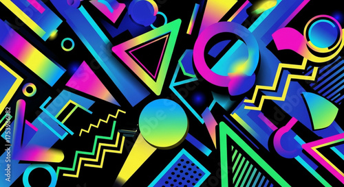 Energetic geometric composition with vibrant shapes and colors, creating a dynamic and visually striking abstract design against a dark background