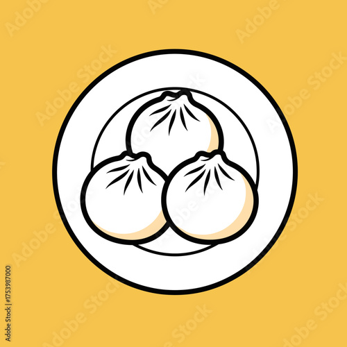 Three Traditional Chinese Dumplings or Steamed Bao Buns on a Plate Illustration