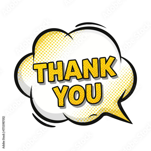 Comic book style speech bubble with the words thank you in bold yellow letters, isolated on transparent, conveying pop expression gratitude and thanks