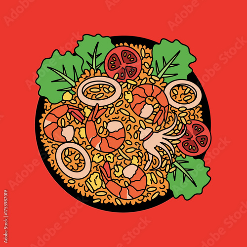 Delicious Seafood Paella or Fried Rice with Shrimp, Squid, Tomatoes and Lettuce on Black Plate