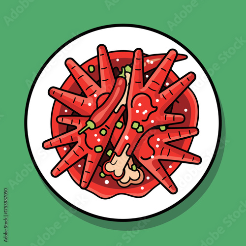 Spicy Chinese Dim Sum Chicken Feet in Red Chili Sauce with Garnish Illustration