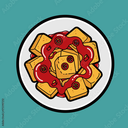 Plate of Golden Toasted Bread Squares with Sweet Red Berry Jam or Fruity Sauce, Delicious Breakfast Illustration