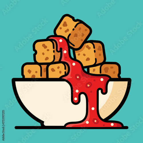 Bowl of Crispy Fried Tofu Cubes or Toast Squares with Spicy Red Chili Sauce Drizzle, Savory Snack Illustration