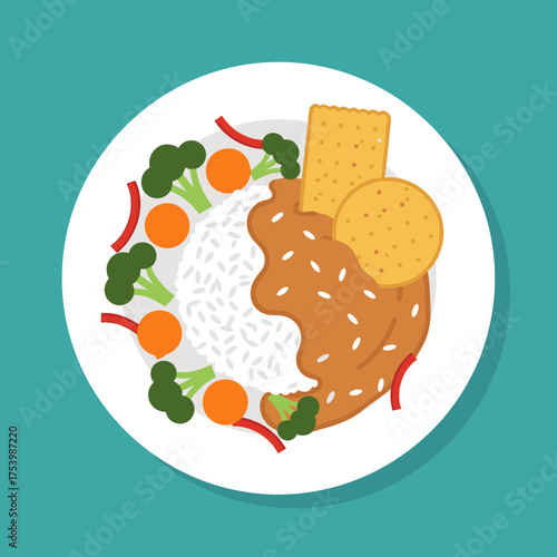 Hearty Plate of Rice with Rich Curry Sauce, Fresh Broccoli, Carrots, and a Cracker, Comfort Food Illustration