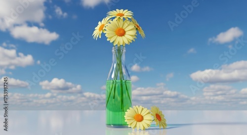 Daisy flowers in a vase against a blue sky isolated PNG with Transparent Background