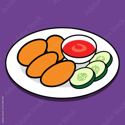 Plate of Crispy Chicken Nuggets with Ketchup Dipping Sauce and Fresh Cucumber Slices, Kids Meal Illustration