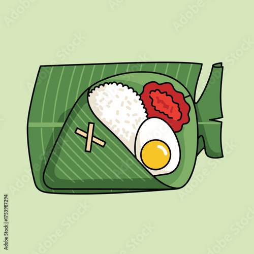 Traditional Malaysian Nasi Lemak Wrapped in Banana Leaf with Rice, Egg, Sambal, and Anchovies, Breakfast Meal